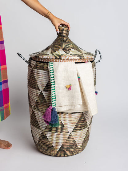 Basket - handwoven in West Africa with pattern, perfect for storage